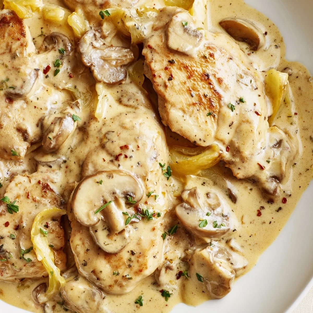 Tender Creamy Garlic Mushroom Chicken Breasts on a plate, perfect over rice or crusty bread.