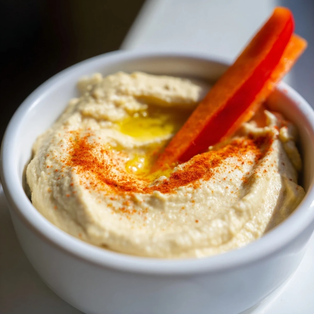 Classic Hummus with colorful vegetable sticks served as a healthy, vegan appetizer on a rustic wooden platter.