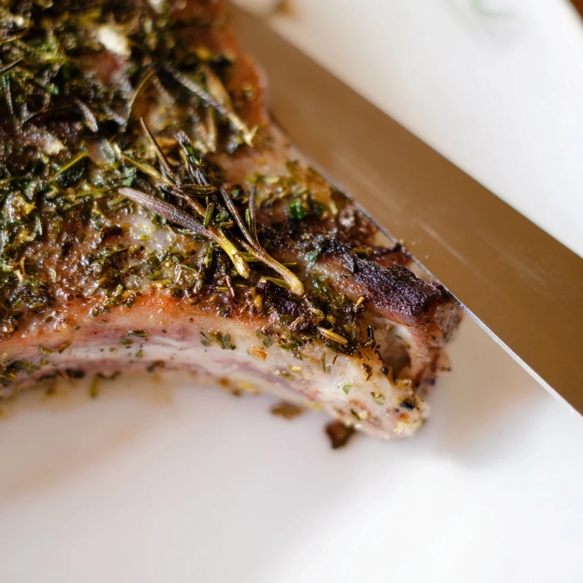 Freshly cooked Herb Roasted Lamb Chops sliced to show tenderness, served alongside roasted vegetables on a platter.