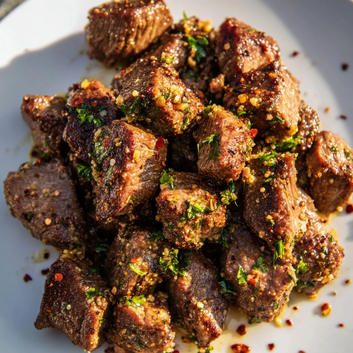 Golden-brown Garlic Butter Steak Cubes served hot alongside creamy mashed potatoes, ready for a delicious main dish.
