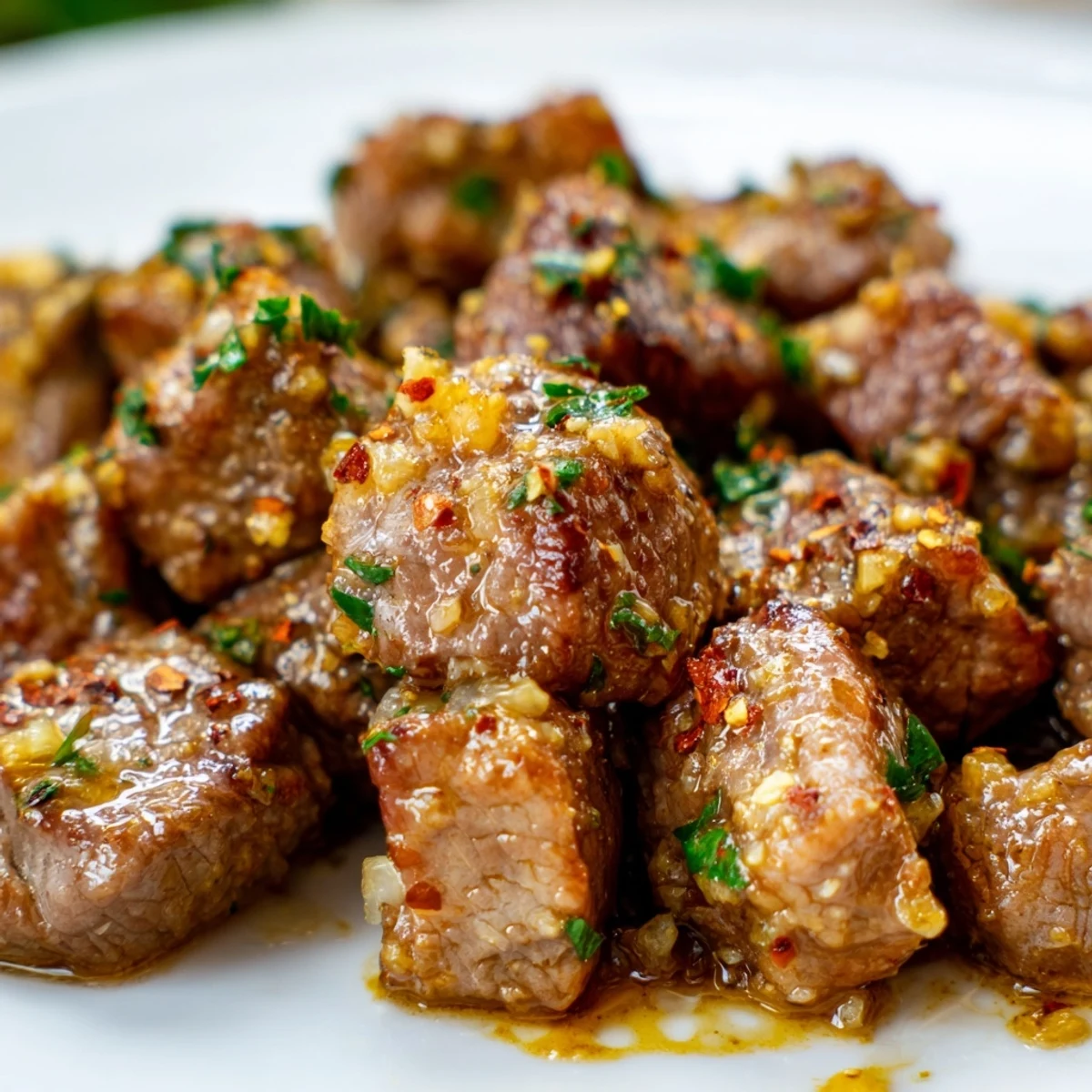 Freshly seared Garlic Butter Steak Cubes sizzling in a skillet, glistening with rich garlic butter sauce and fresh parsley.
