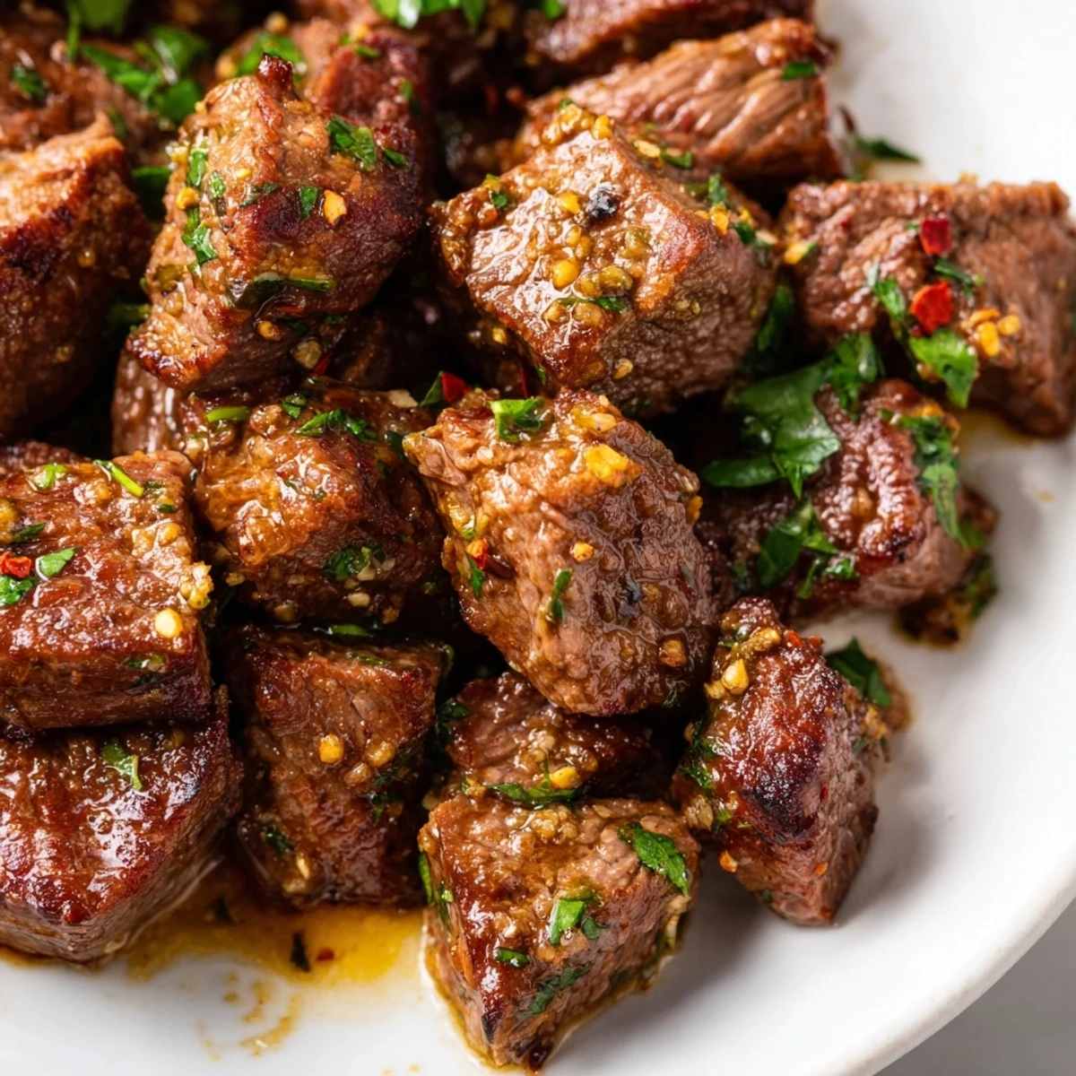 Sizzling steak cubes tossed in a vibrant garlic butter sauce, garnished with red pepper flakes for extra spice.