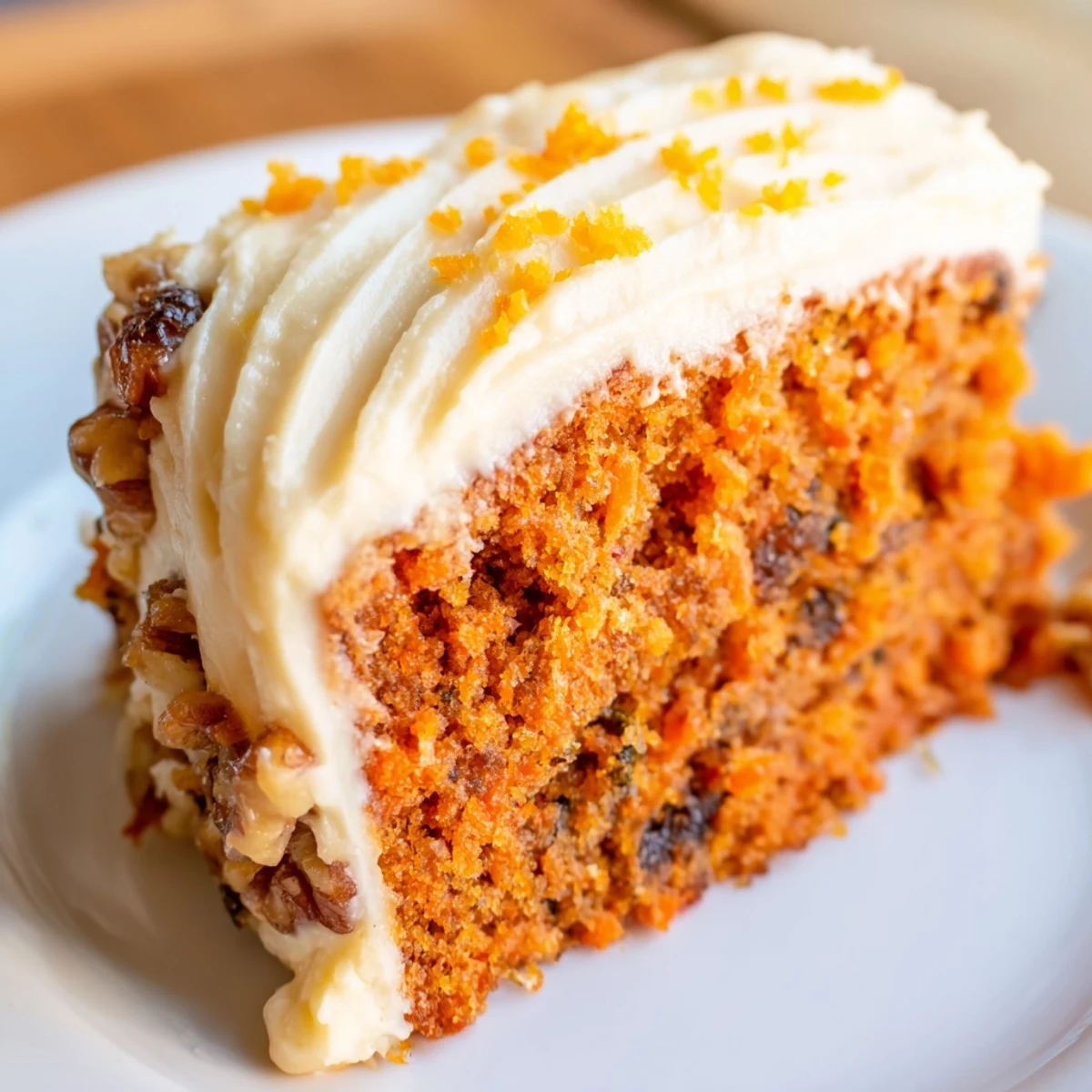 A slice of moist Spiced Carrot Cake with Orange Frosting is served on a white plate with tea. 