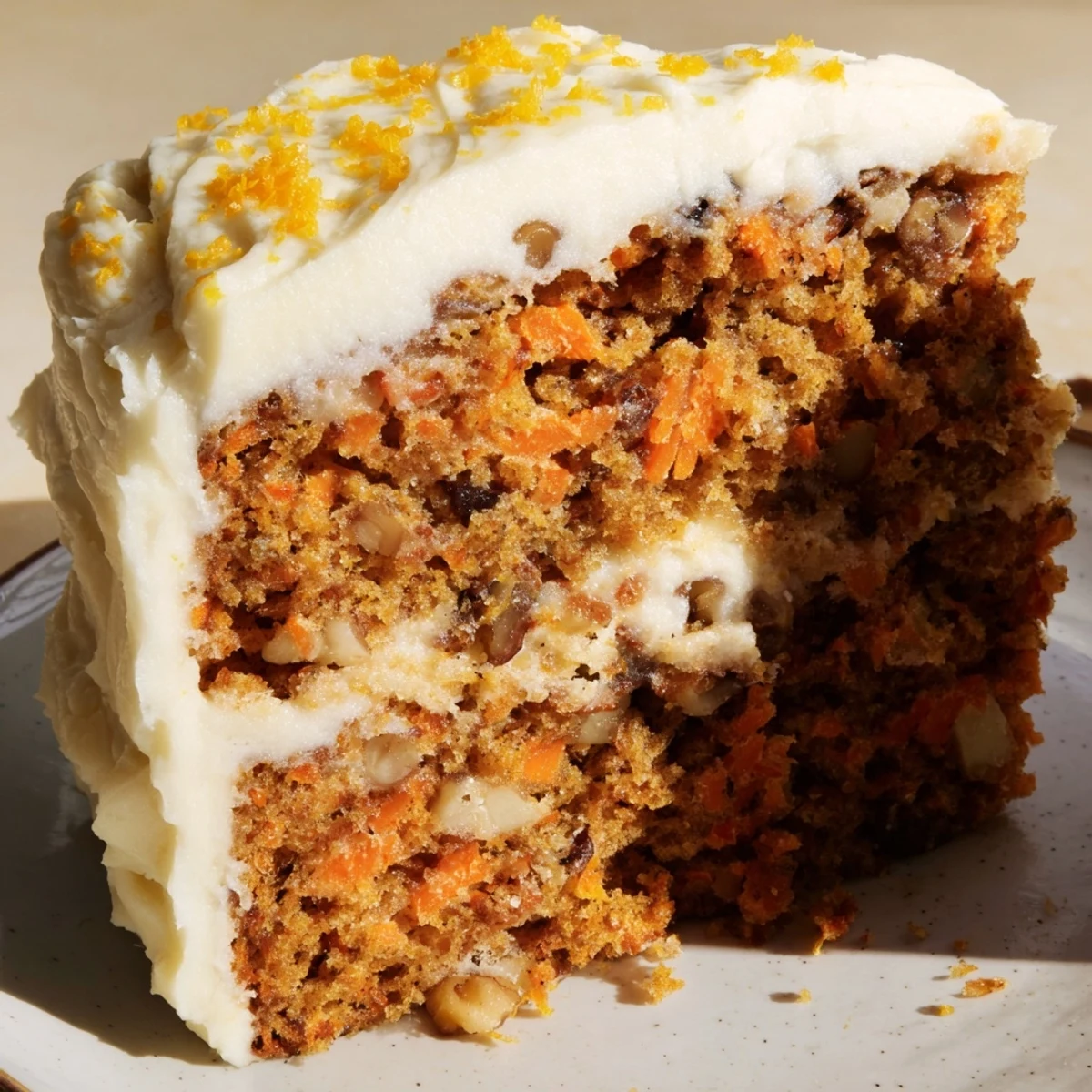 Overhead view of Spiced Carrot Cake with Orange Frosting featuring creamy icing and chopped nuts on top.