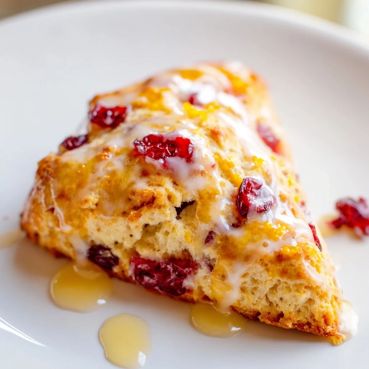 Freshly baked Cranberry and Orange Scones on a cooling rack, featuring golden-brown edges and a glossy orange glaze.