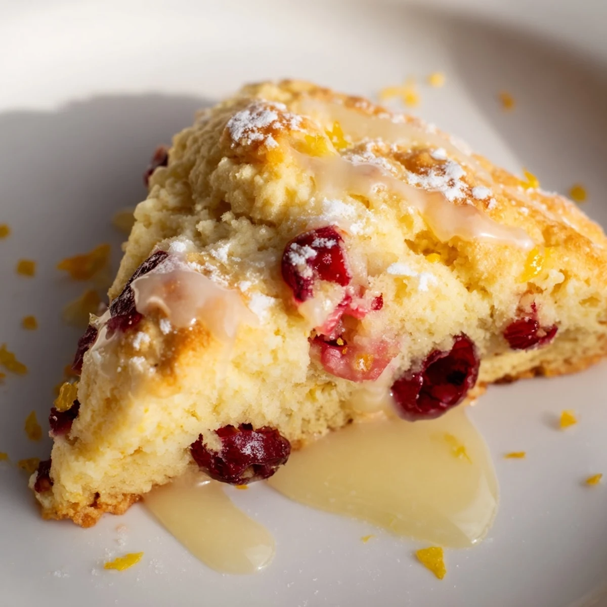 A single wedge of Cranberry and Orange Scones reveals a tender, fluffy crumb packed with tart red cranberries.
