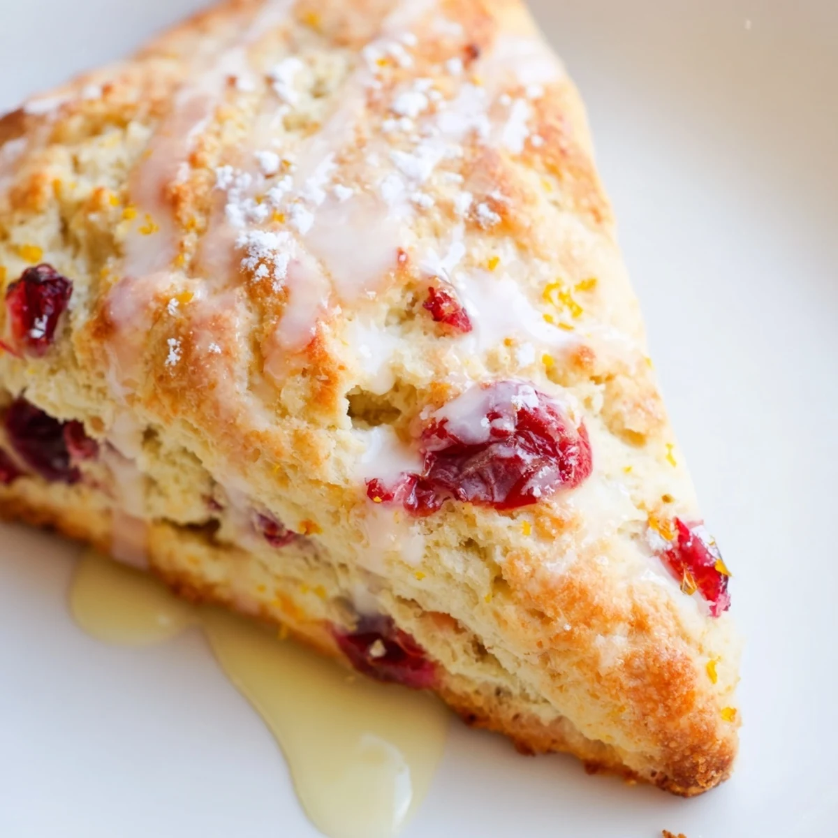 Golden-brown Cranberry and Orange Scones drizzled with sweet glaze, paired with a steaming mug of coffee for breakfast.