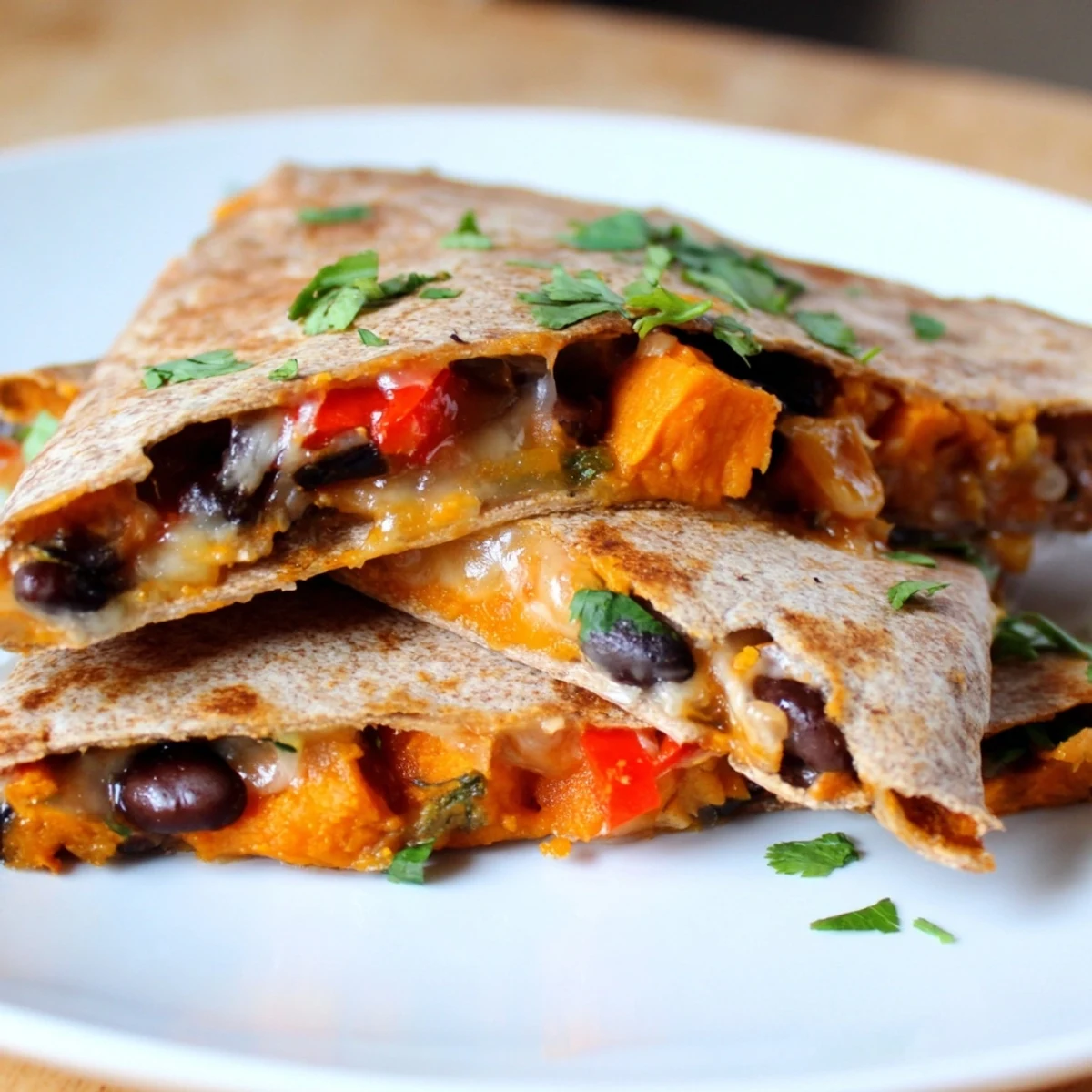 A close-up of a crispy flour tortilla stuffed with roasted sweet potatoes, black beans, and gooey Monterey Jack cheese.