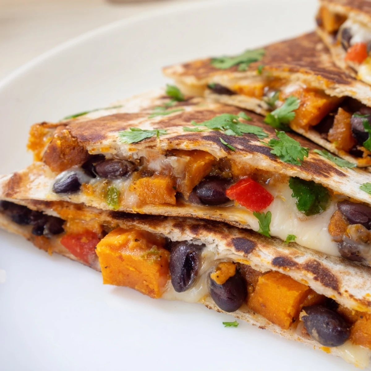 Golden-brown Roasted Sweet Potato and Black Bean Quesadillas filled with melted cheese are sliced into wedges on a rustic wooden board.