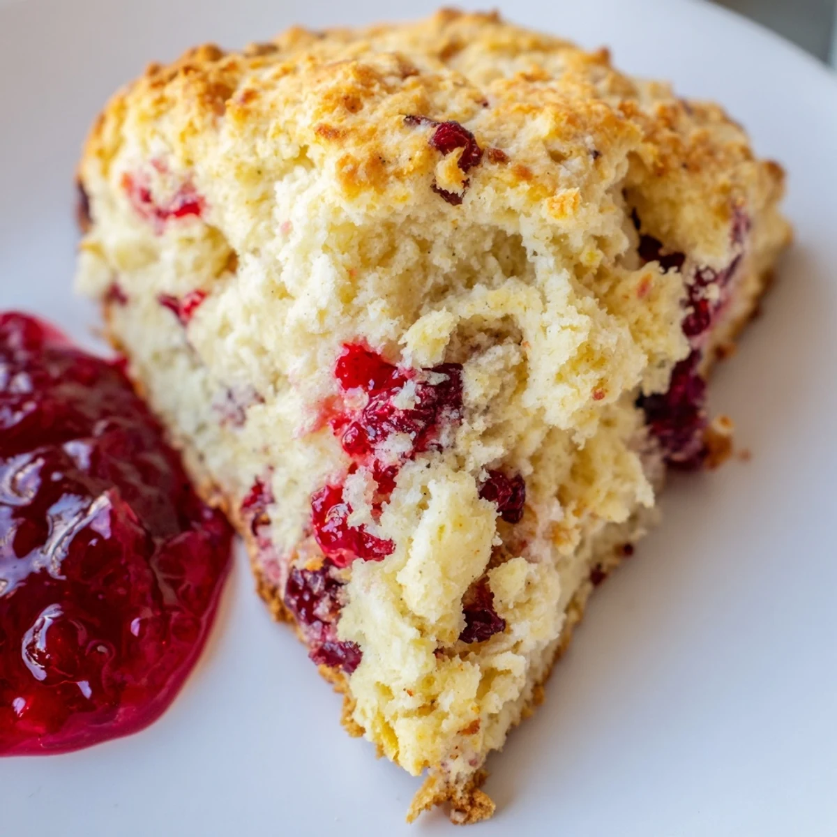 Golden brown Cranberry Scone with Jam drizzled with glaze, served alongside a steaming cup of morning coffee.