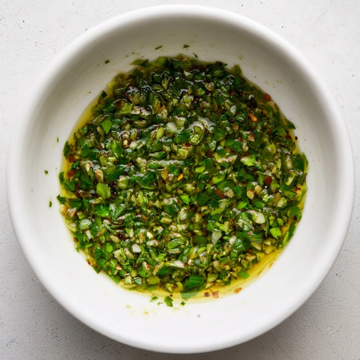 Savory herb sauce drizzled over grilled chicken breast on a wooden plate.
