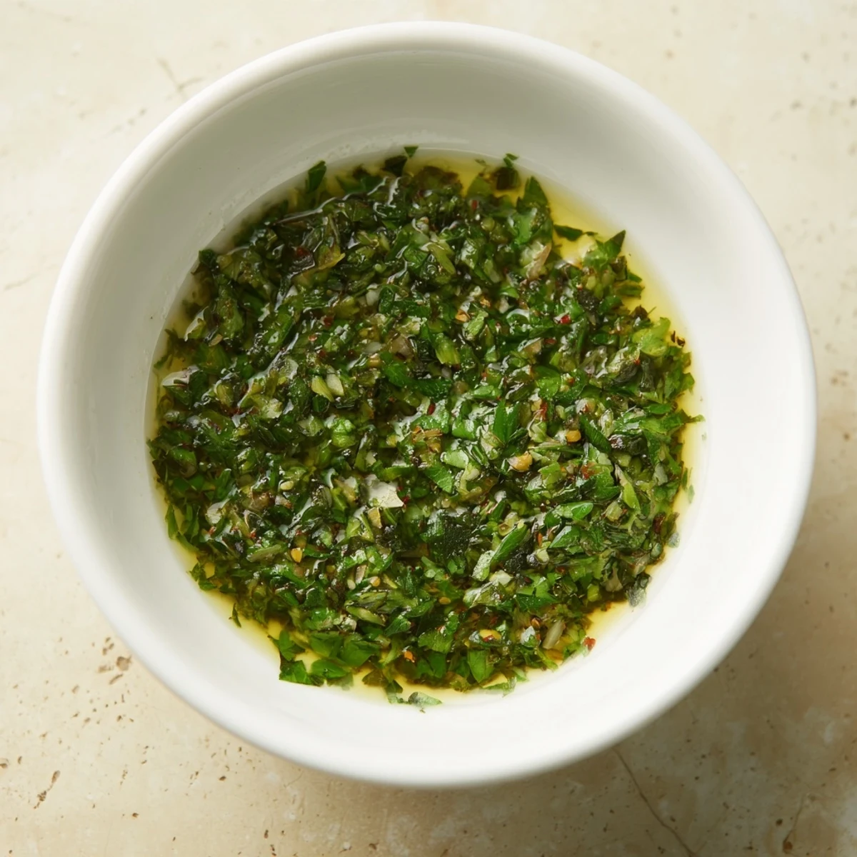 Garlic and herb sauce in a small saucepan with fresh thyme and lemon.