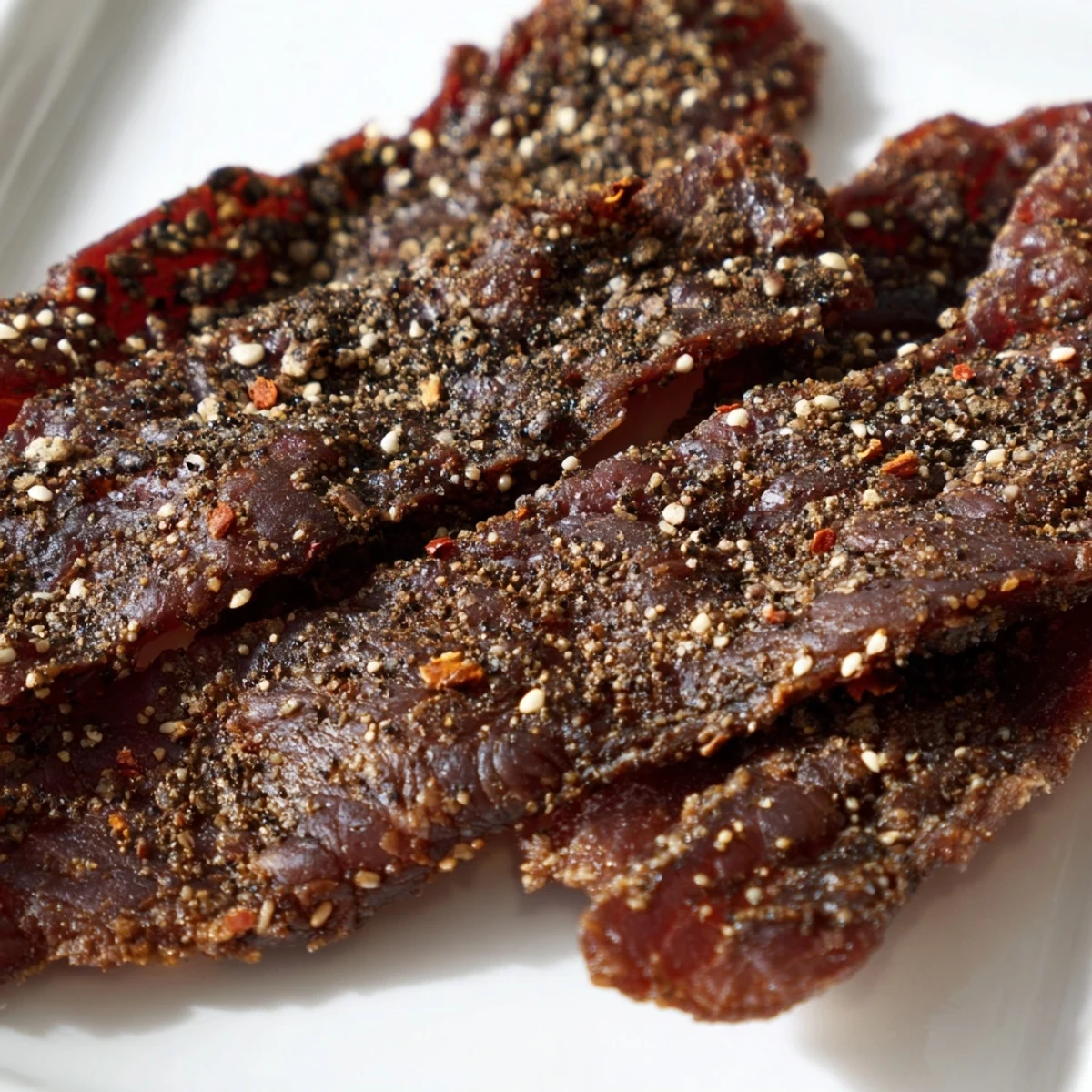 Peppered Beef Jerky strips marinating in a savory blend, ready for the dehydrator.