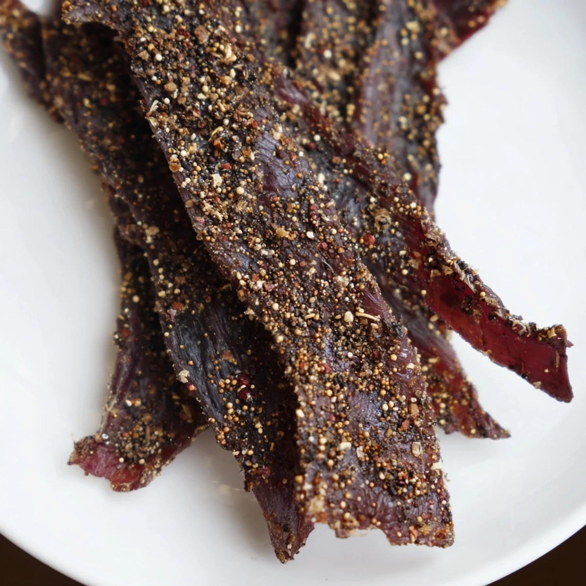 A rustic pile of Peppered Beef Jerky on a wood board, ideal for snacking.