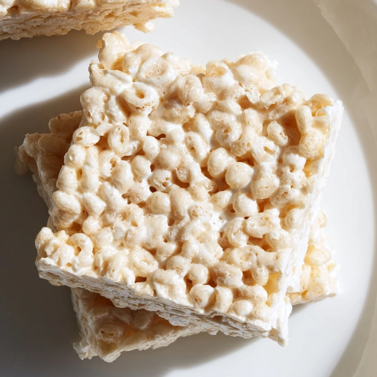 A close-up of crispy marshmallow treats with melted marshmallows and puffed rice cereal.