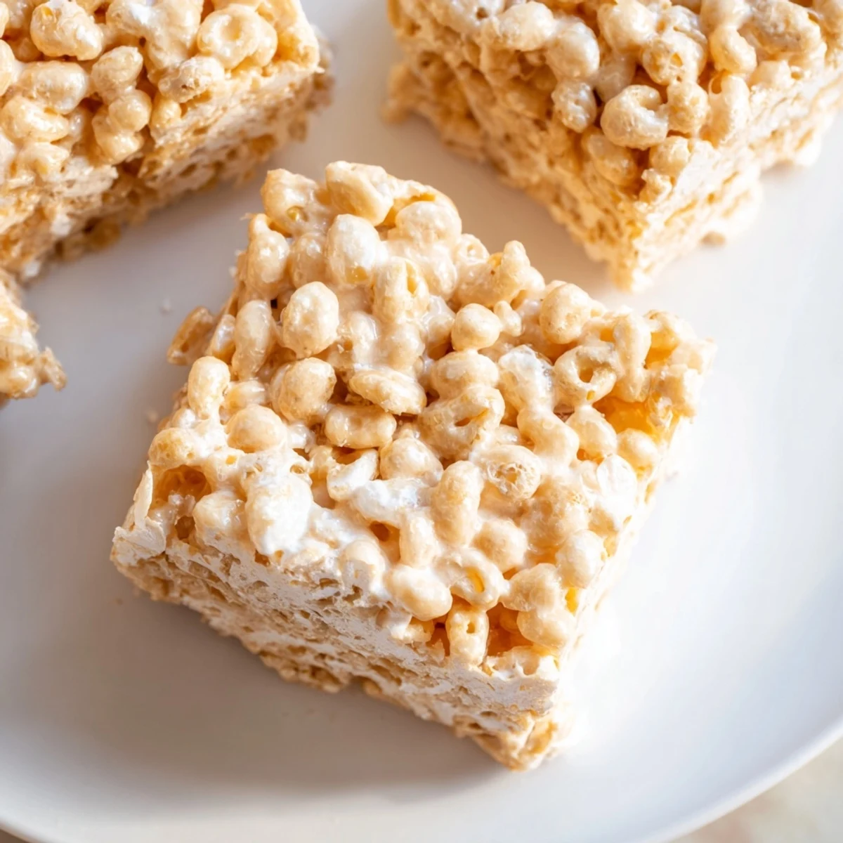 Golden squares of crispy marshmallow treats stacked on a white plate, showing gooey texture.