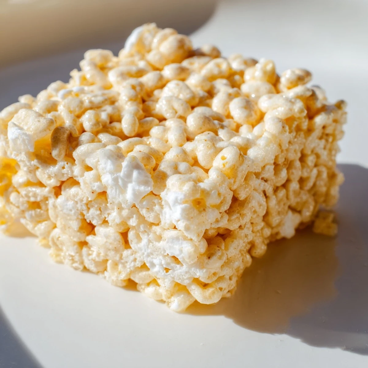 Freshly cut crispy marshmallow treats on a wooden board, ready for a party snack.