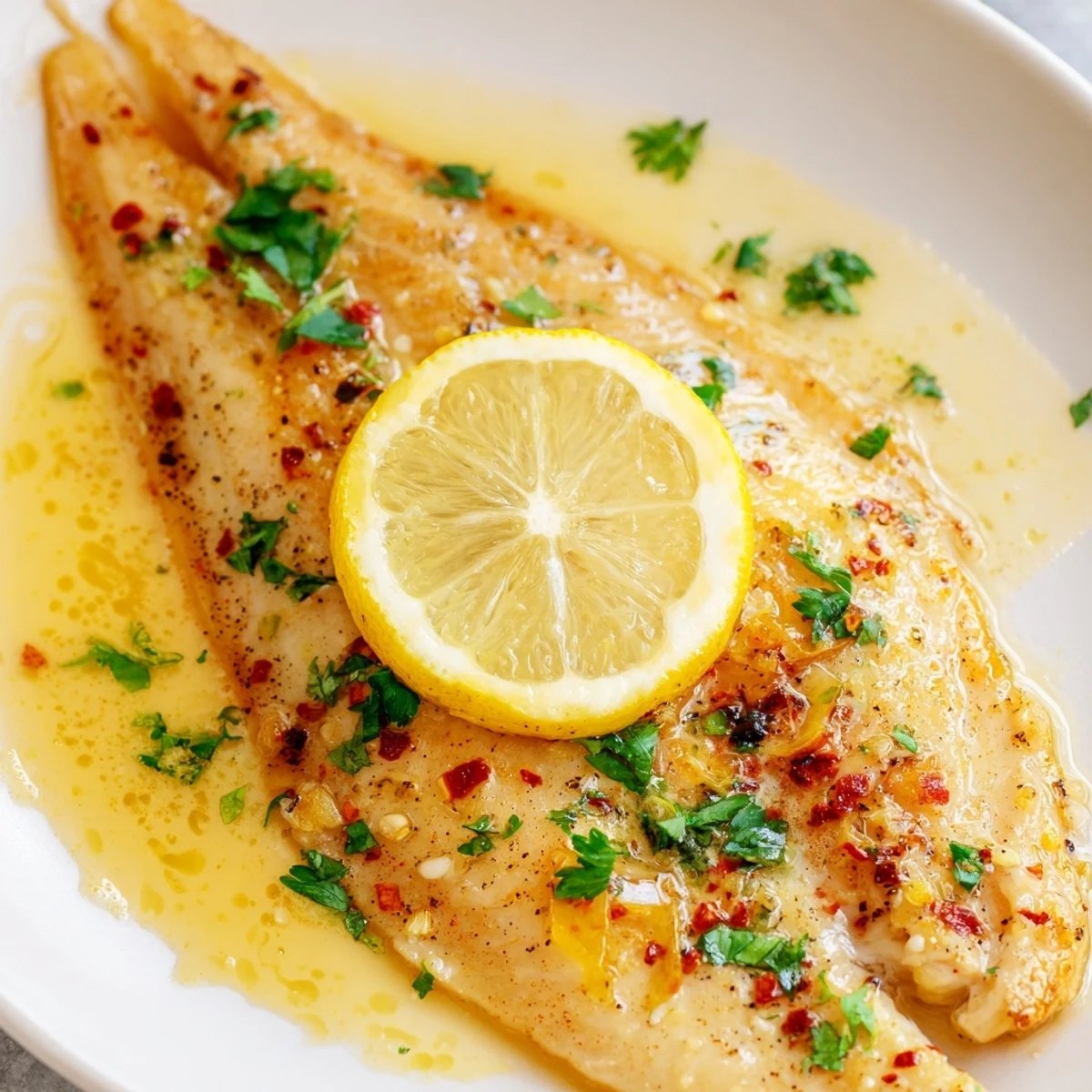 Tilapia fillets coated in lemon garlic butter, baked until opaque and flaky, garnished with fresh parsley and lemon slices.