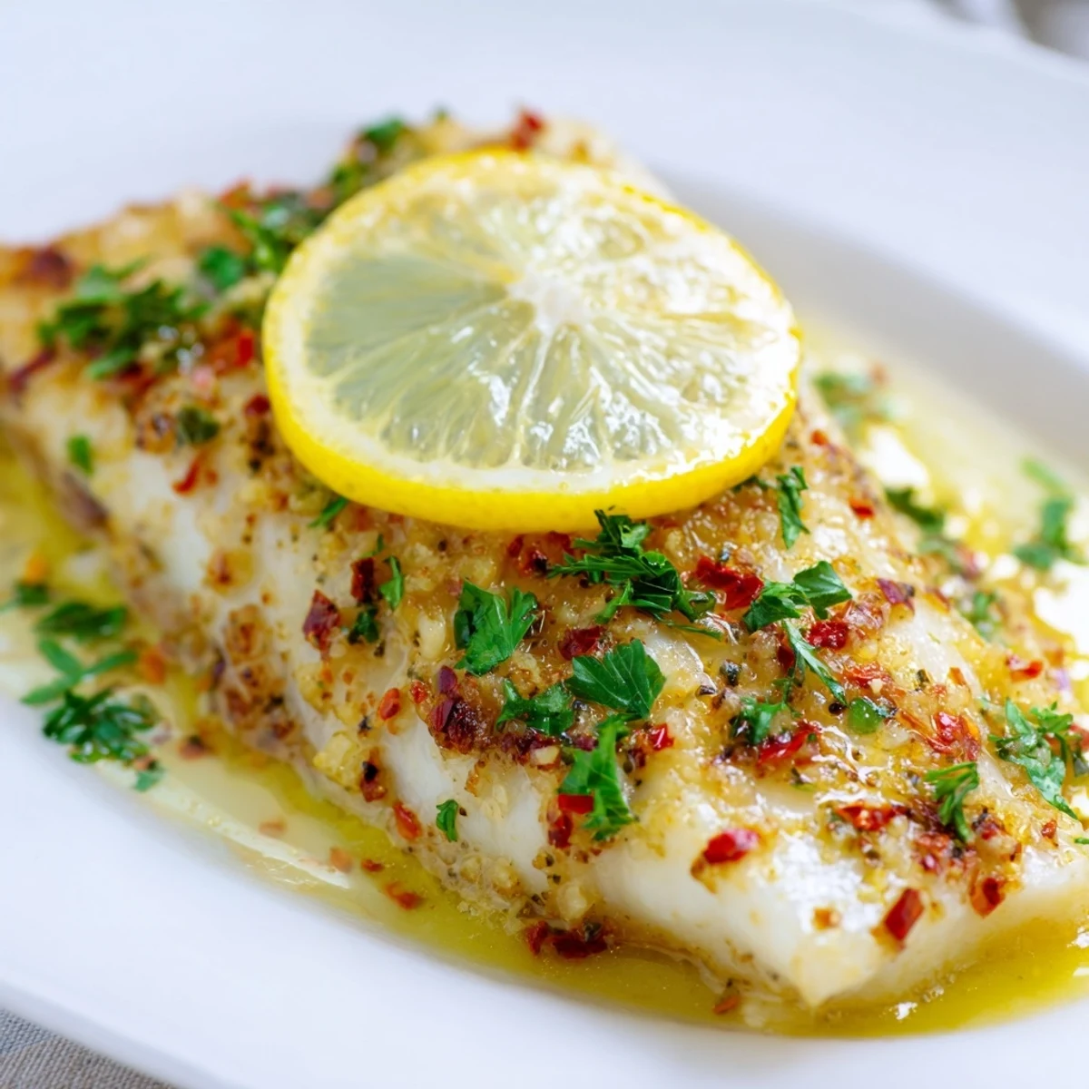 Freshly baked tilapia with lemon garlic butter, served warm from the oven beside fluffy rice and bright lemon wedges.