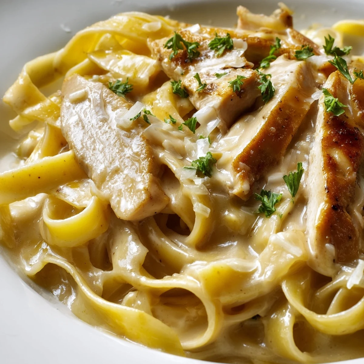 Tender chicken and fettuccine coated in velvety Alfredo sauce, steaming in a skillet for a cozy dinner.
