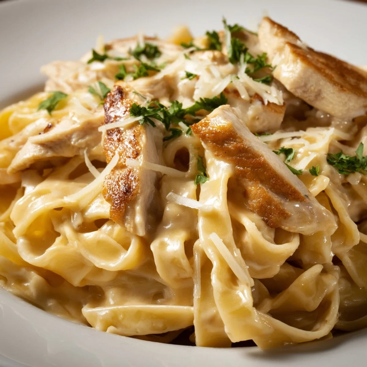Steaming Creamy Alfredo Pasta with Chicken topped with parsley, ready to enjoy with a glass of white wine.