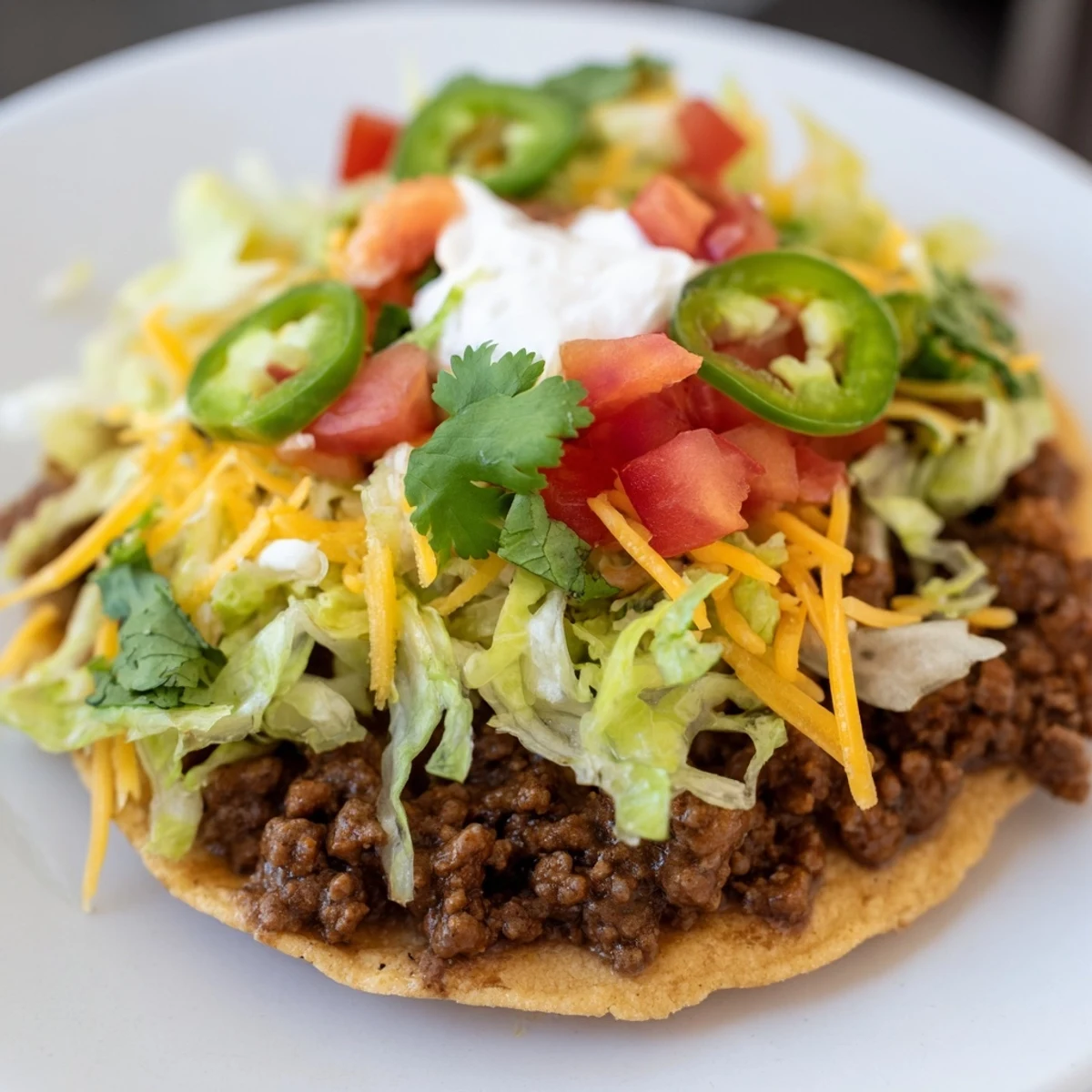 Golden crispy tostada shells layered with creamy refried beans and savory seasoned ground beef.