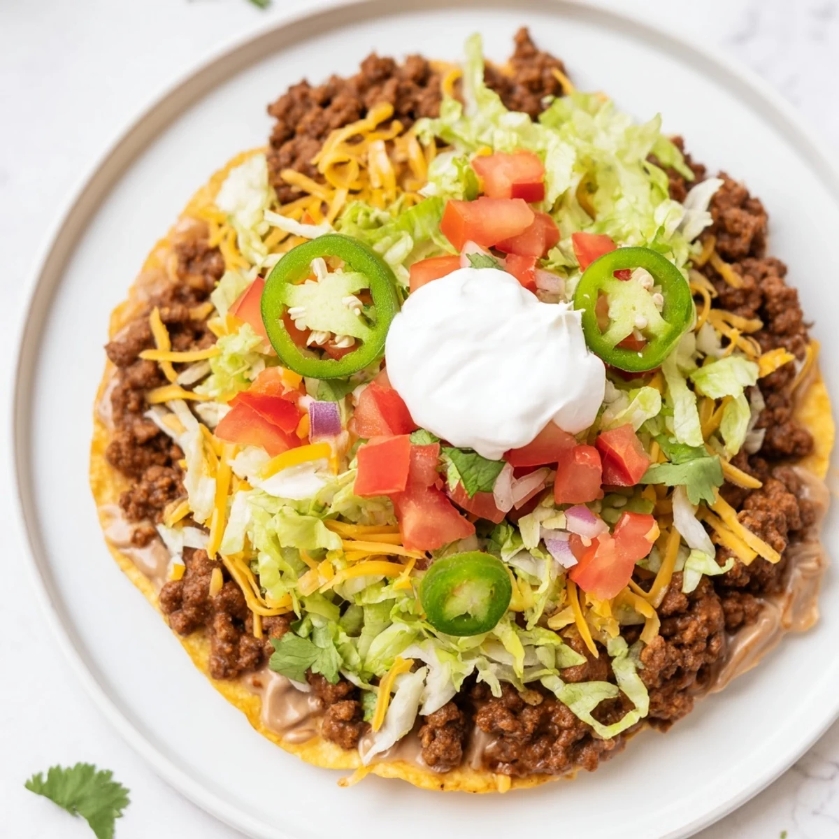 Sizzling skillet-seasoned beef crowns warm refried beans on crispy corn tostadas for dinner.