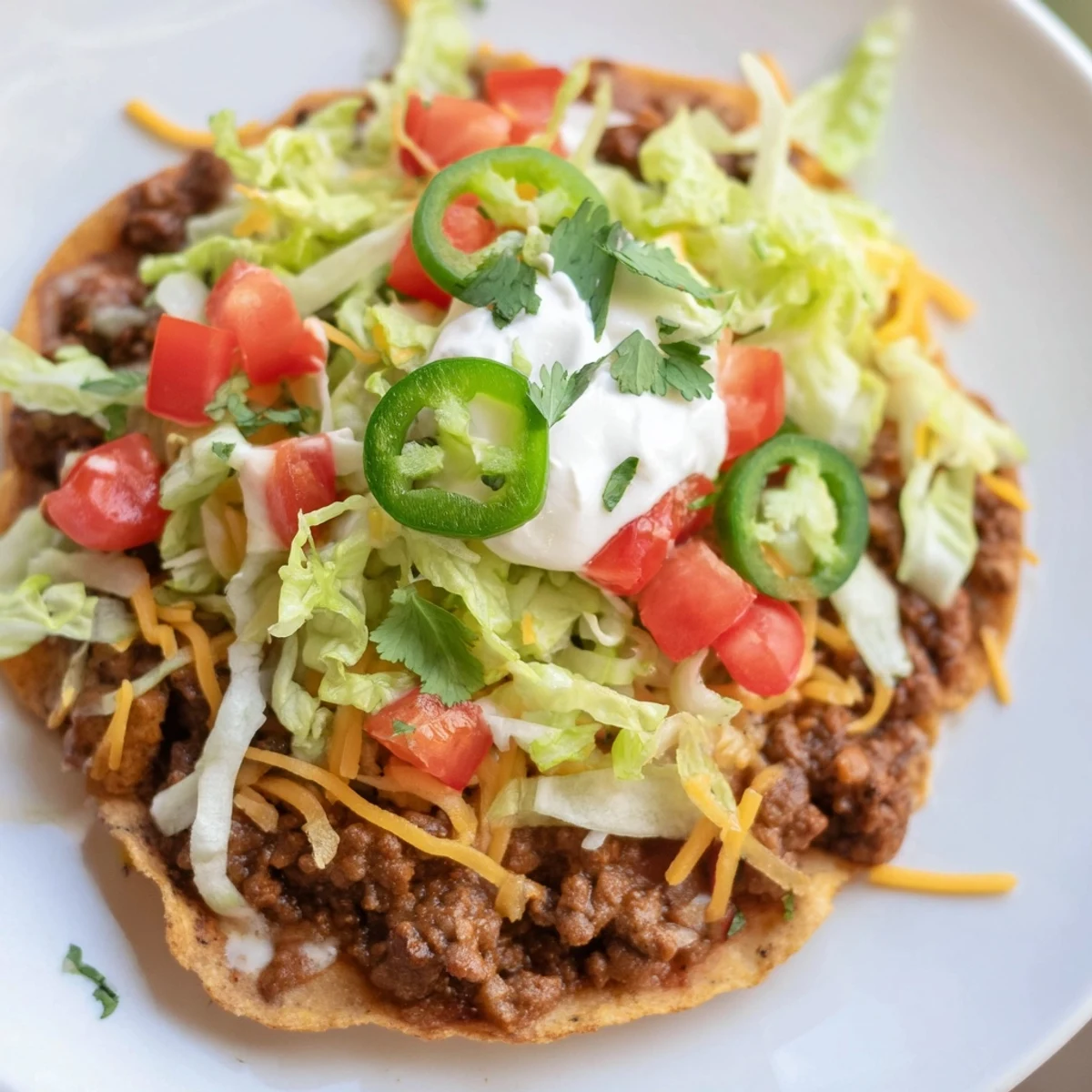 Crunchy beef tostadas loaded with fresh lettuce, cheese, sour cream, and jalapeños.
