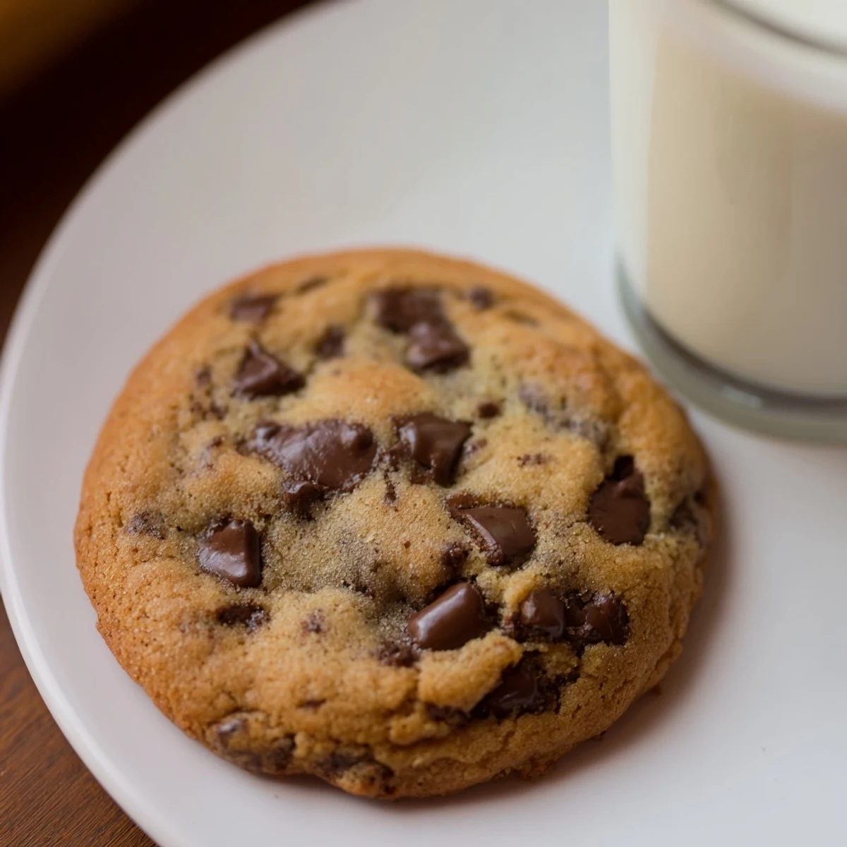 Warm, gooey Chocolate Chip Cookies with melty chocolate chips sit next to a refreshing glass of milk.
