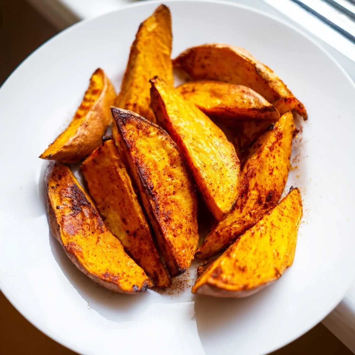 Golden, crispy roasted sweet potato wedges with paprika are served fresh from the oven on a platter.