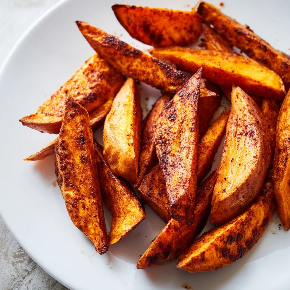 Tender roasted sweet potato wedges with paprika are ready to dip in a creamy garlic aioli sauce.