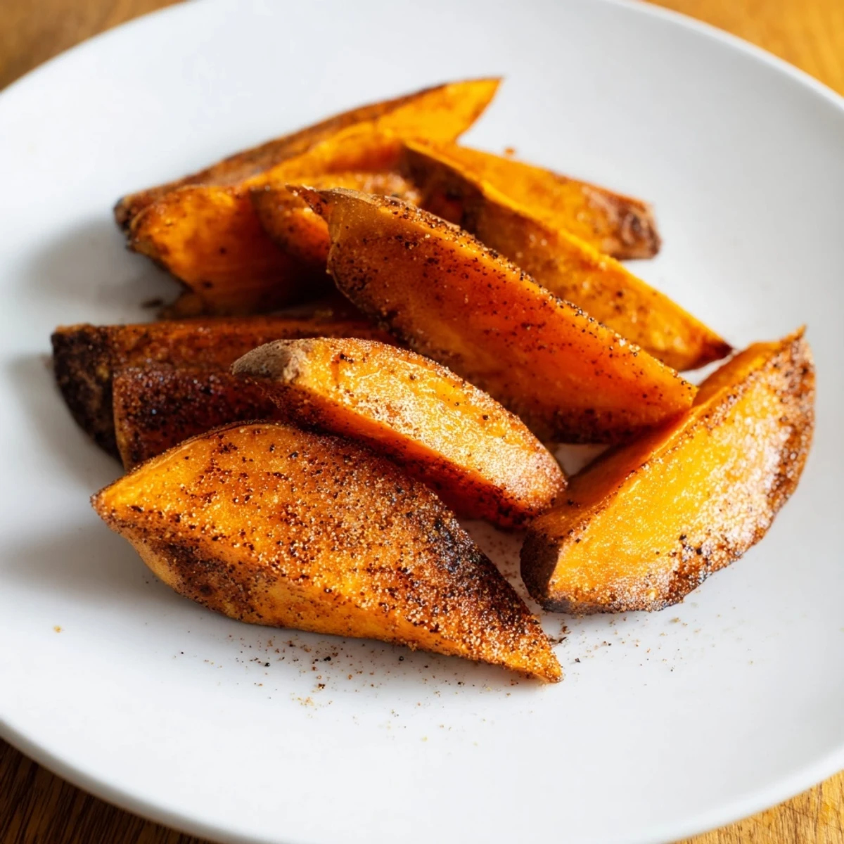 Vegan roasted sweet potato wedges with paprika garnished with fresh parsley and bright lemon wedges.