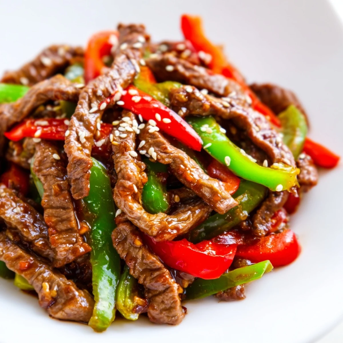 Sizzling Spicy Beef and Pepper Stir Fry with colorful bell peppers in a glossy sauce.