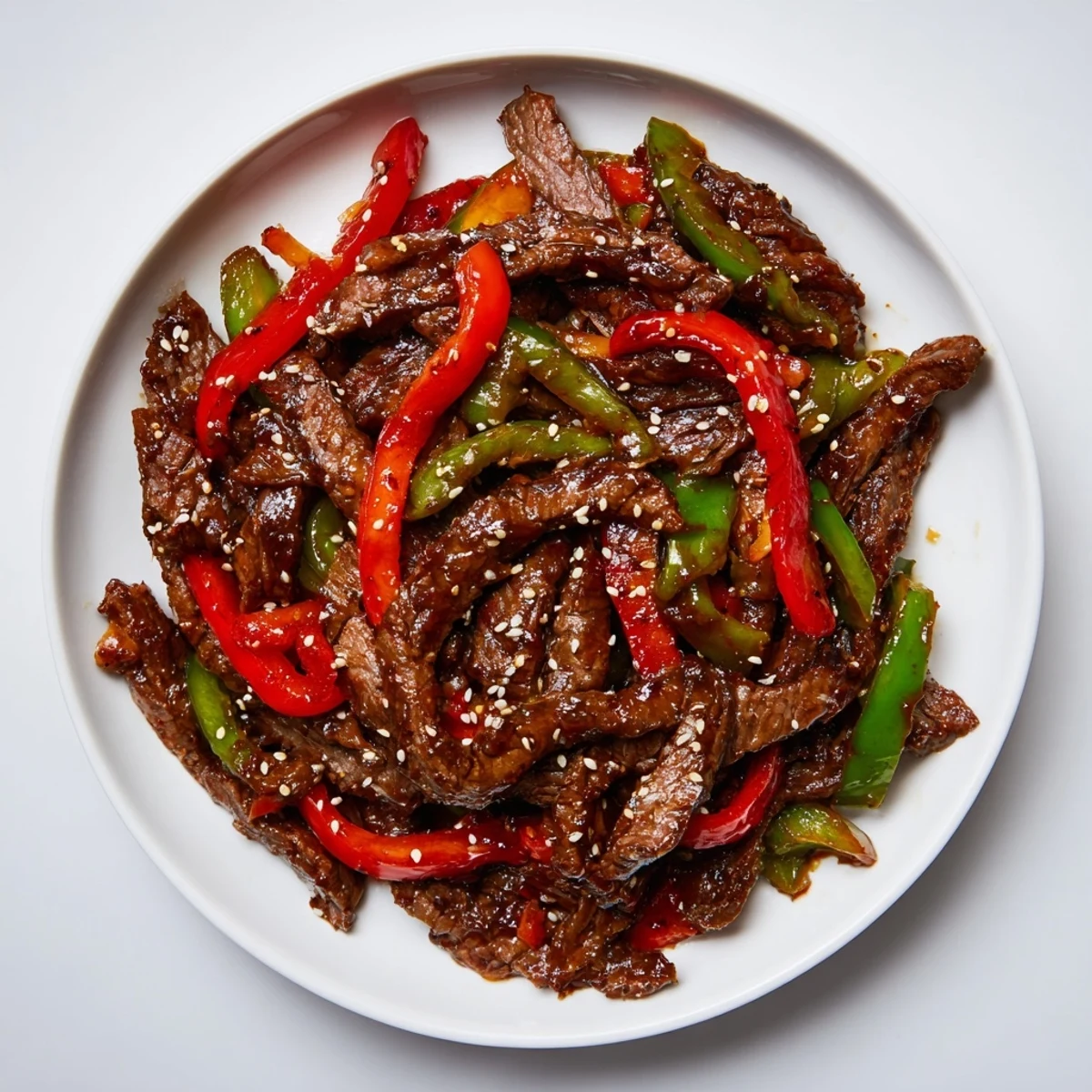 A close-up of Spicy Beef and Pepper Stir Fry, garnished with scallions and sesame seeds.