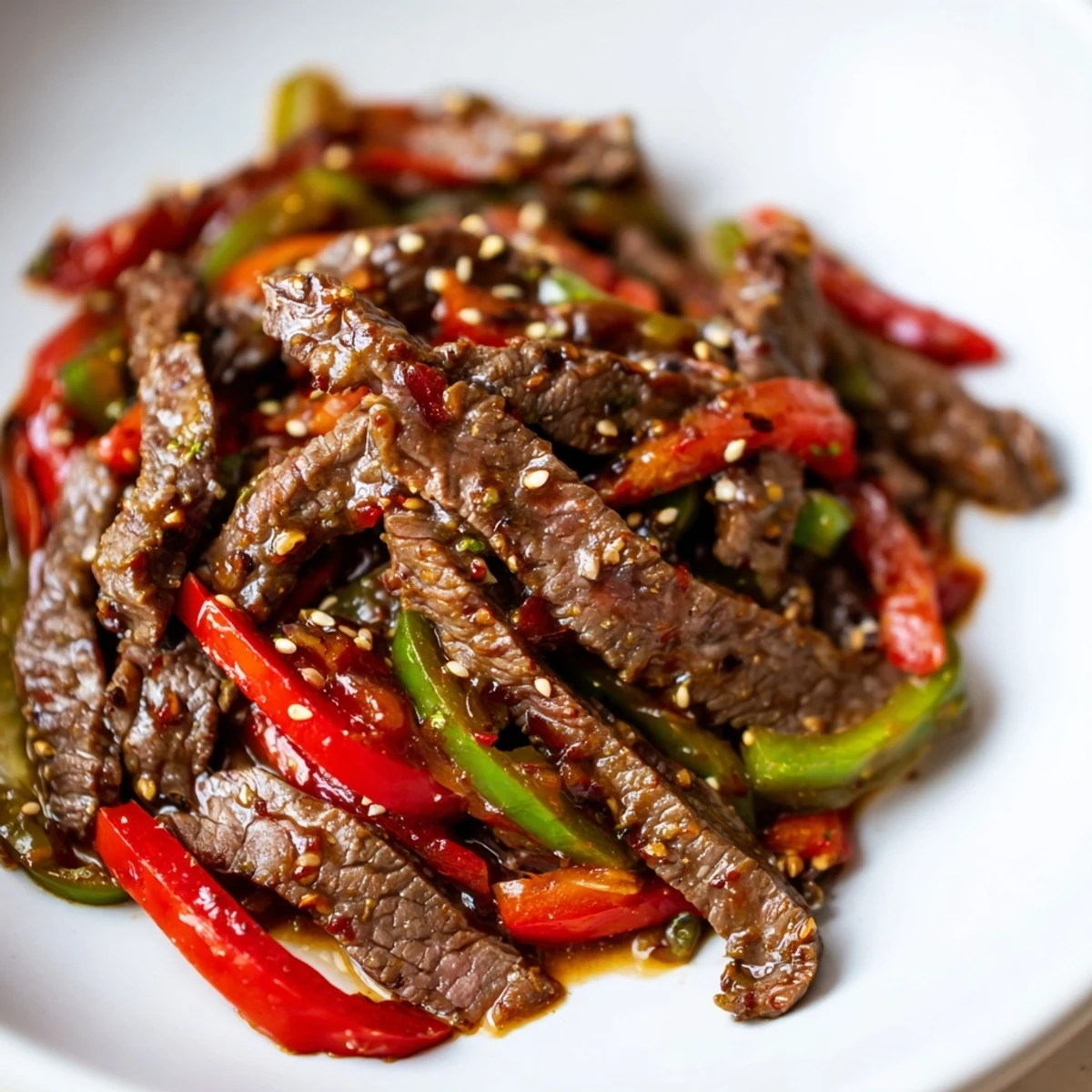 Tender beef strips and crisp vegetables for Spicy Beef and Pepper Stir Fry, served over steamed rice.