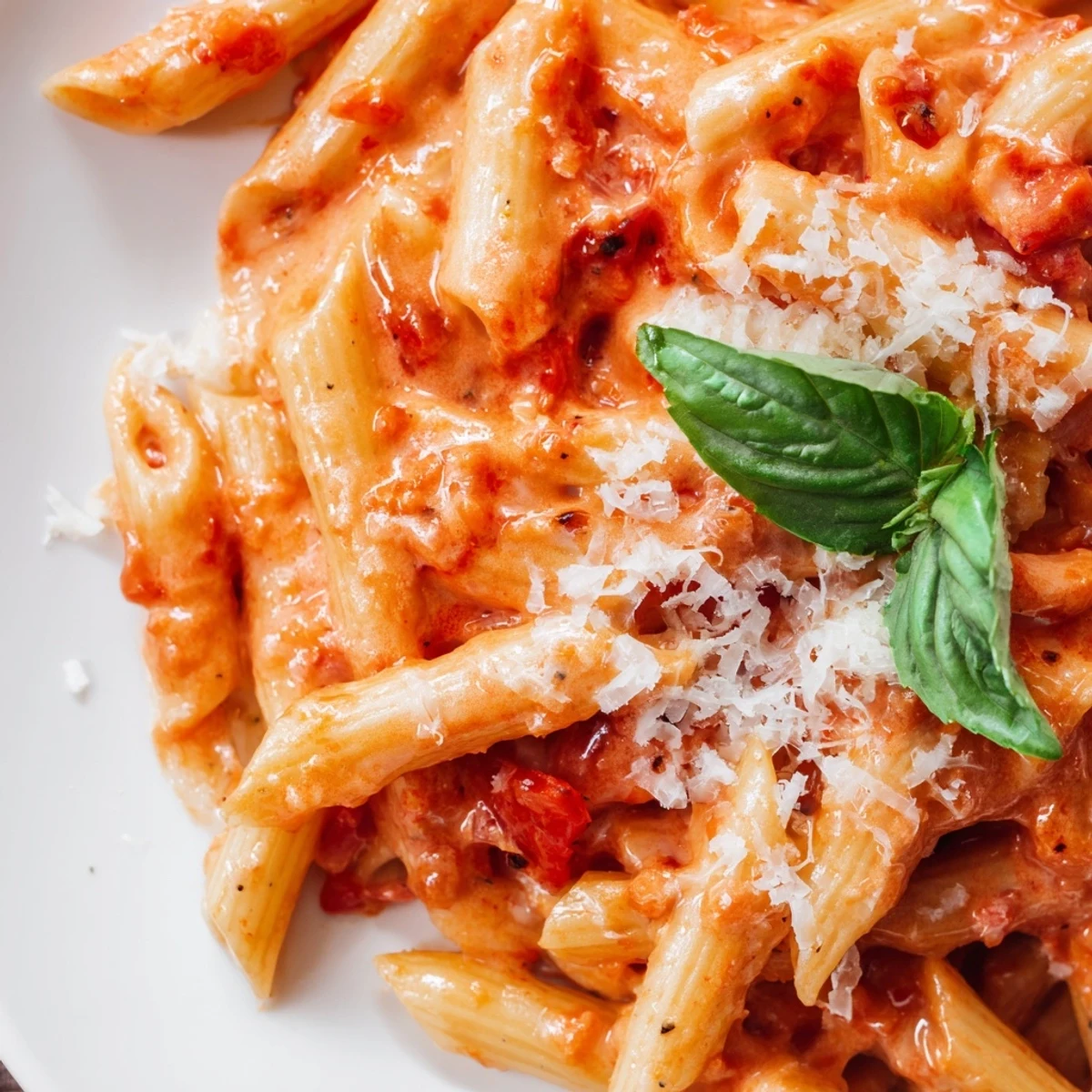 Creamy Tomato Pasta with Fresh Basil is plated with golden Parmesan and vibrant green basil, steaming after a 30-minute weeknight dinner.