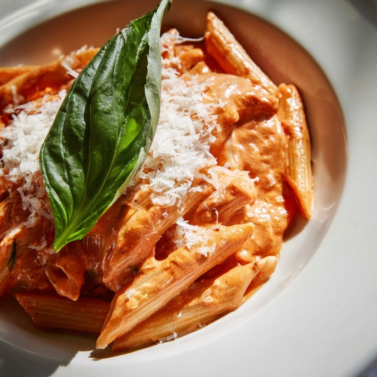 A close-up of Creamy Tomato Pasta with Fresh Basil reveals a rich, creamy texture, garnished with torn basil for an Italian-inspired main dish.