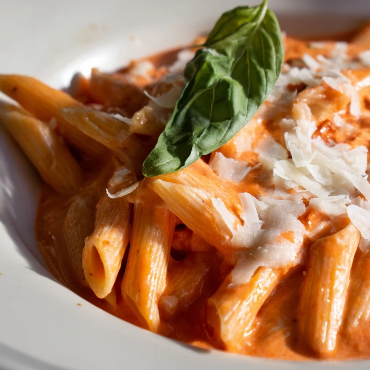 Steaming Creamy Tomato Pasta with Fresh Basil coats penne in a velvety red sauce, ready to serve with crusty bread and extra cheese.