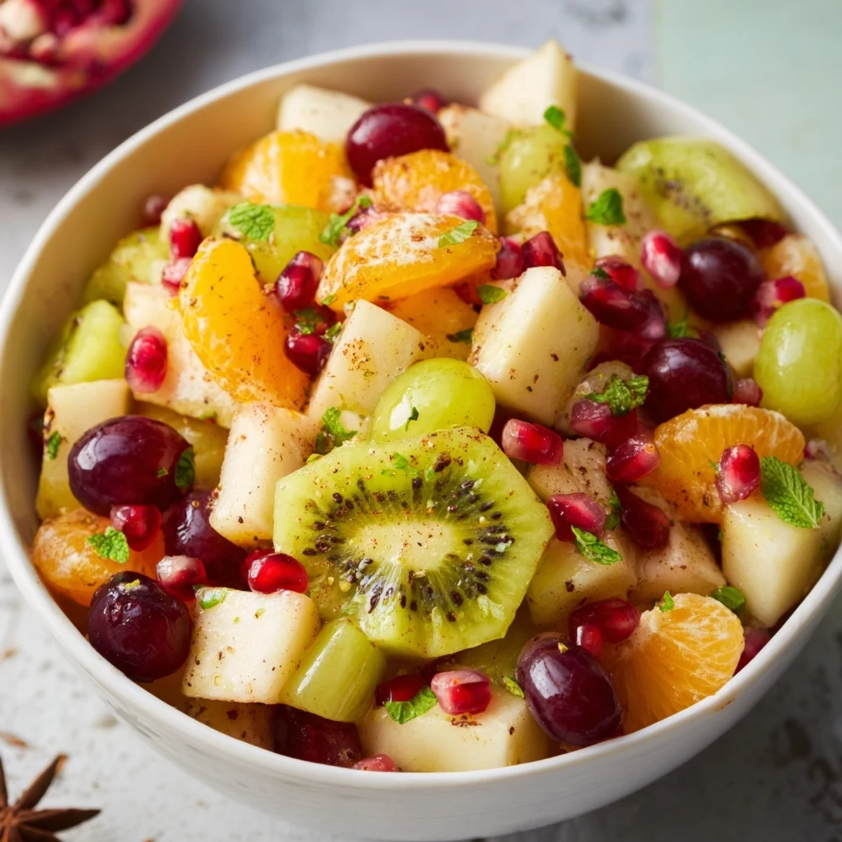 A close-up of the Winter Fruit Salad with Honey Lime Dressing, featuring juicy orange segments, diced apples, and bright red pomegranate arils glistening in a white bowl.