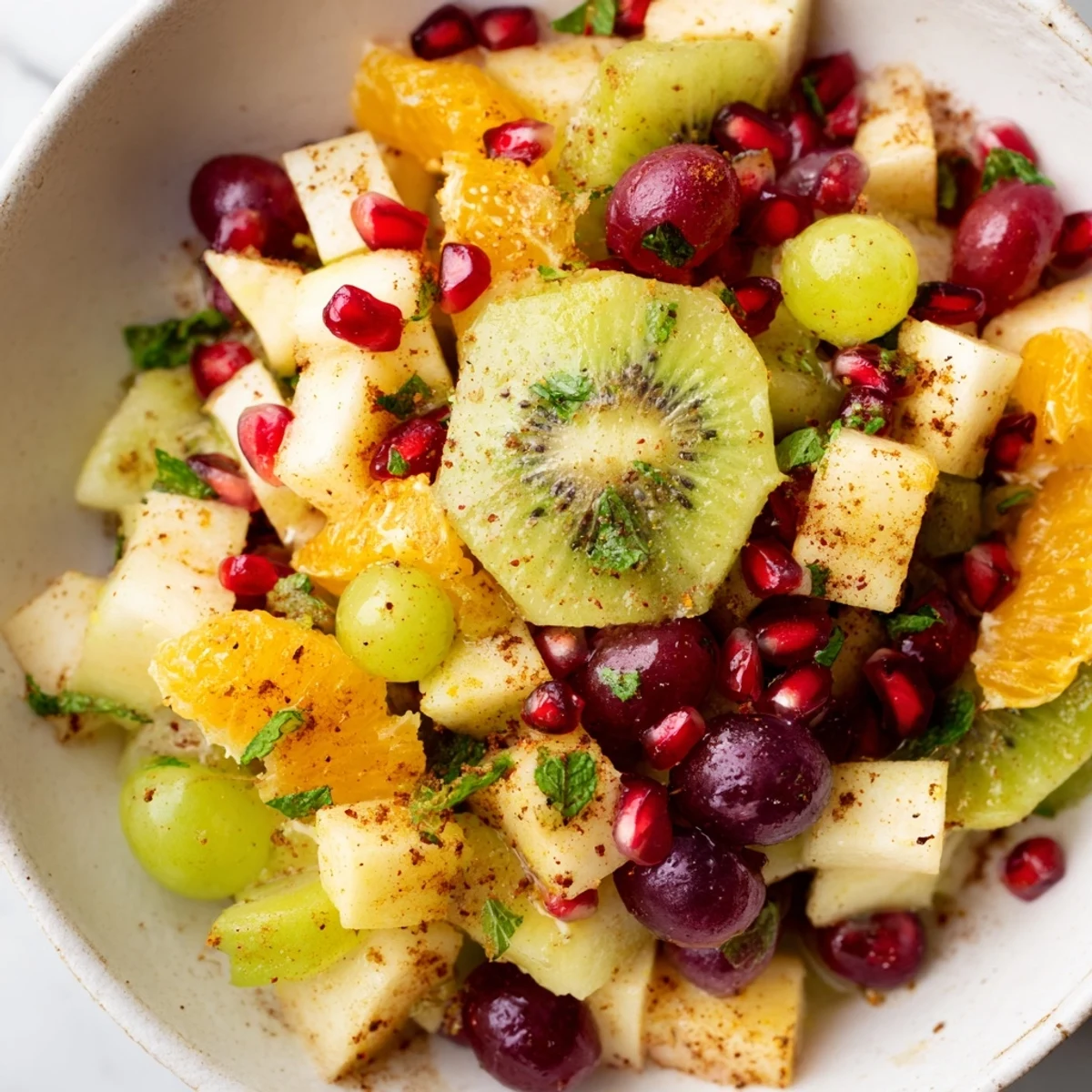 The refreshing Winter Fruit Salad with Honey Lime Dressing is tossed with crisp pears and grapes, with a spoon ready to serve alongside fresh mint garnish.