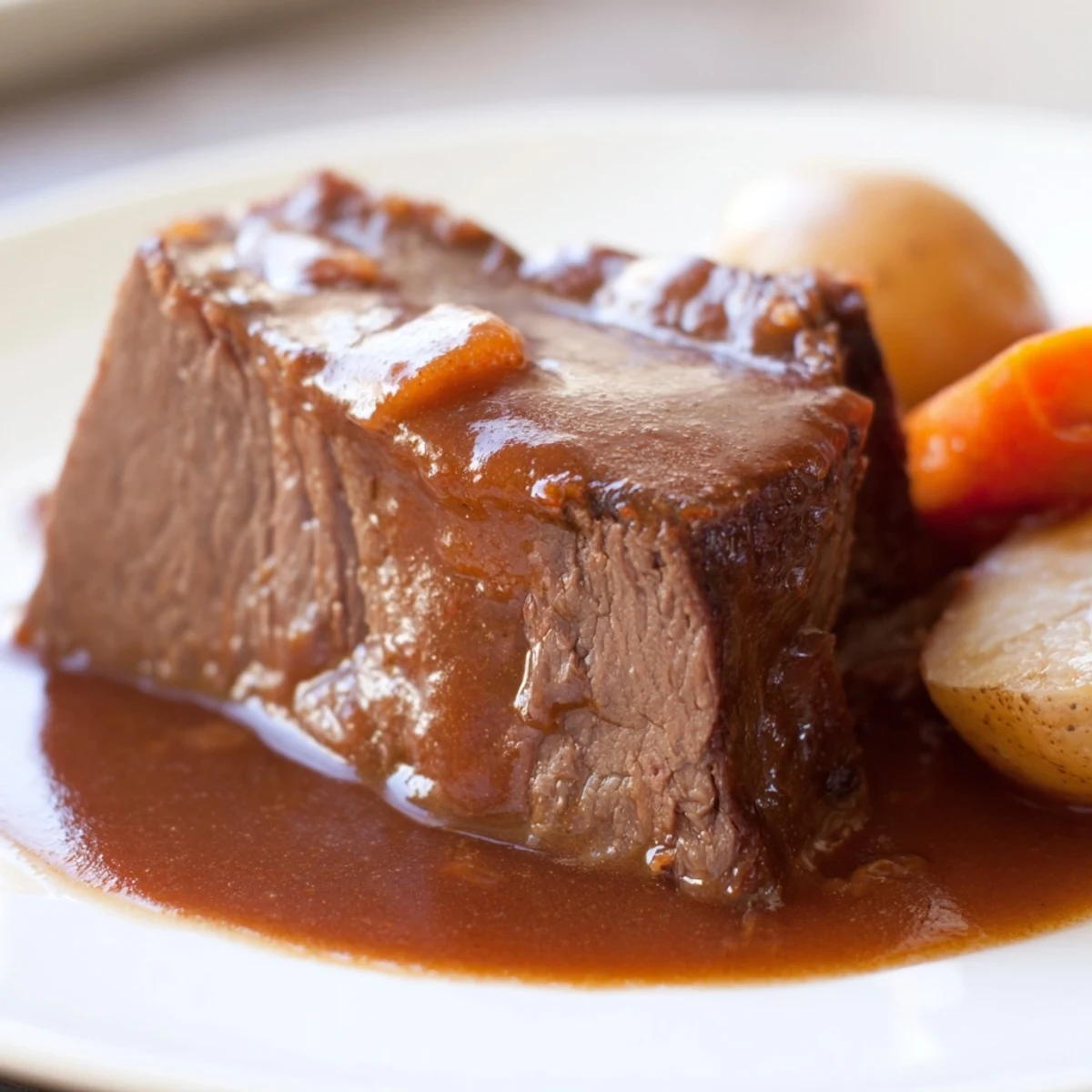 Fork-tender Slow Cooker Pot Roast with Gravy, served with carrots and potatoes.