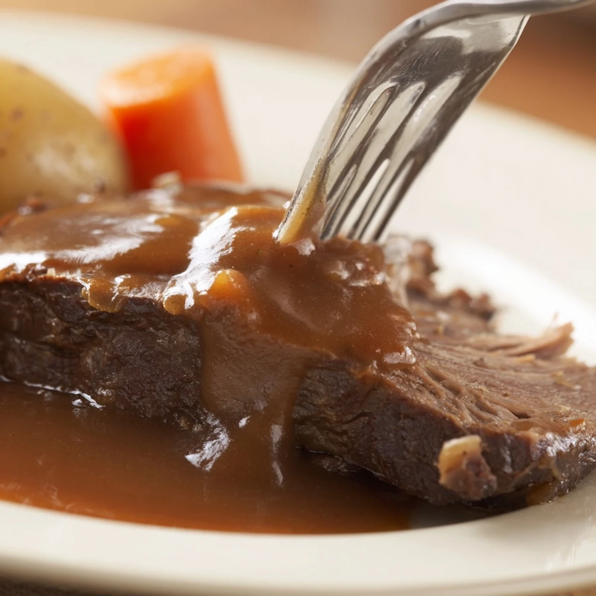 Golden Slow Cooker Pot Roast with Gravy beside carrots and potatoes on a plate.