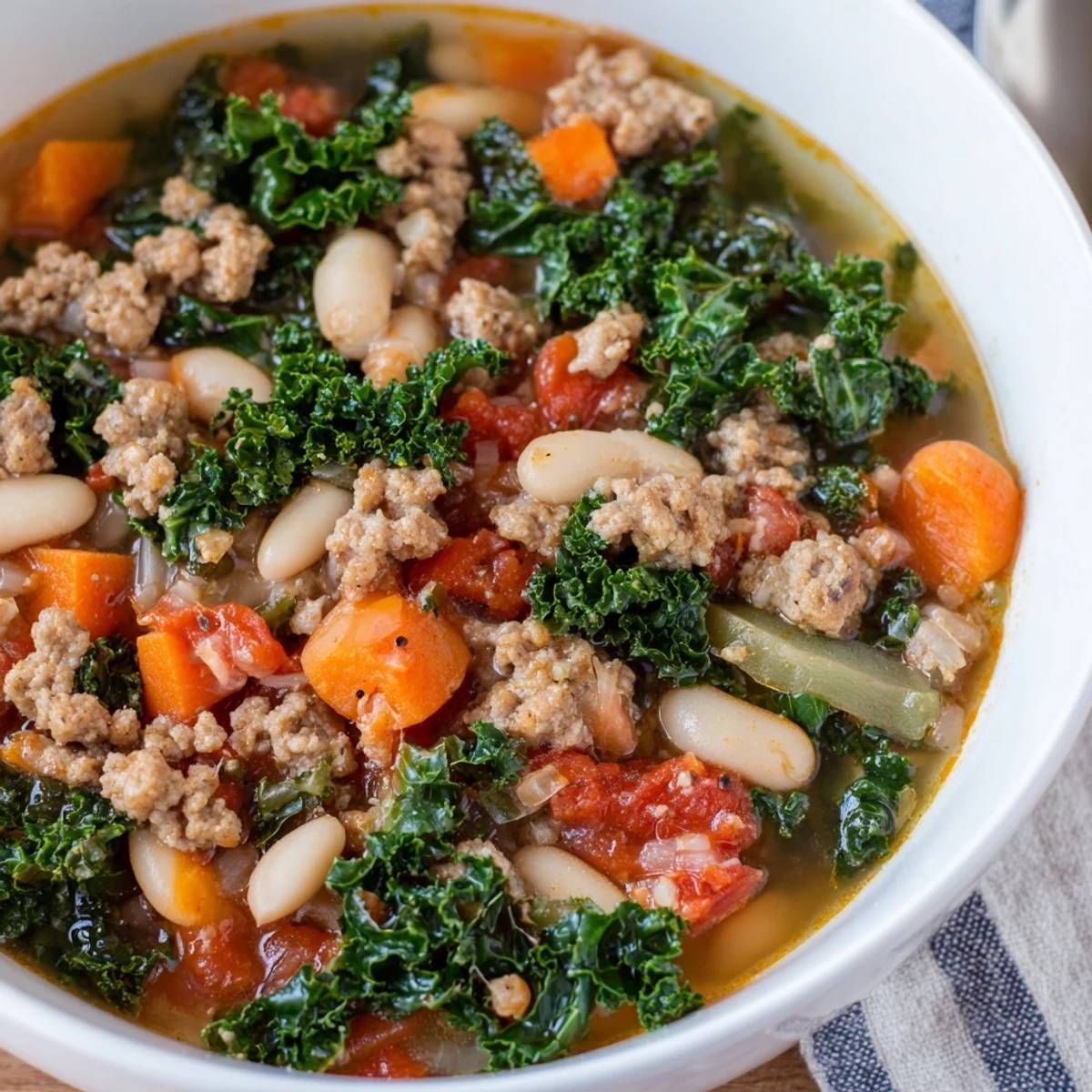 Steaming bowl of Turkey Sausage and Kale Soup, featuring browned sausage, tender kale, and white beans in a rich tomato broth.
