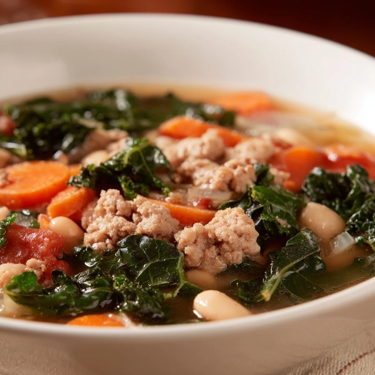 Hearty Turkey Sausage and Kale Soup served hot with crusty bread on the side, perfect for a cozy family dinner.