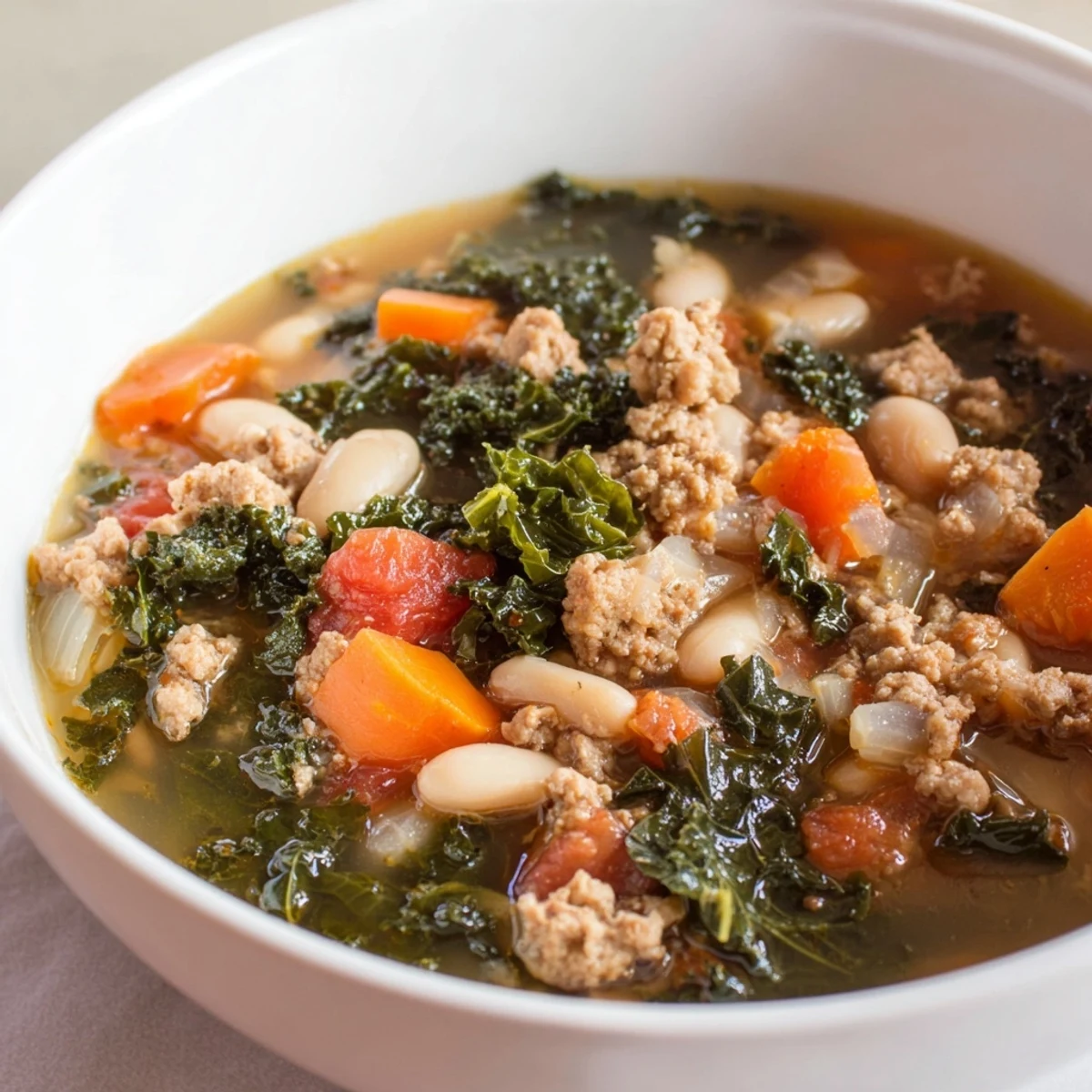 A comforting pot of Turkey Sausage and Kale Soup simmering with diced carrots, celery, and fragrant herbs in a savory broth.
