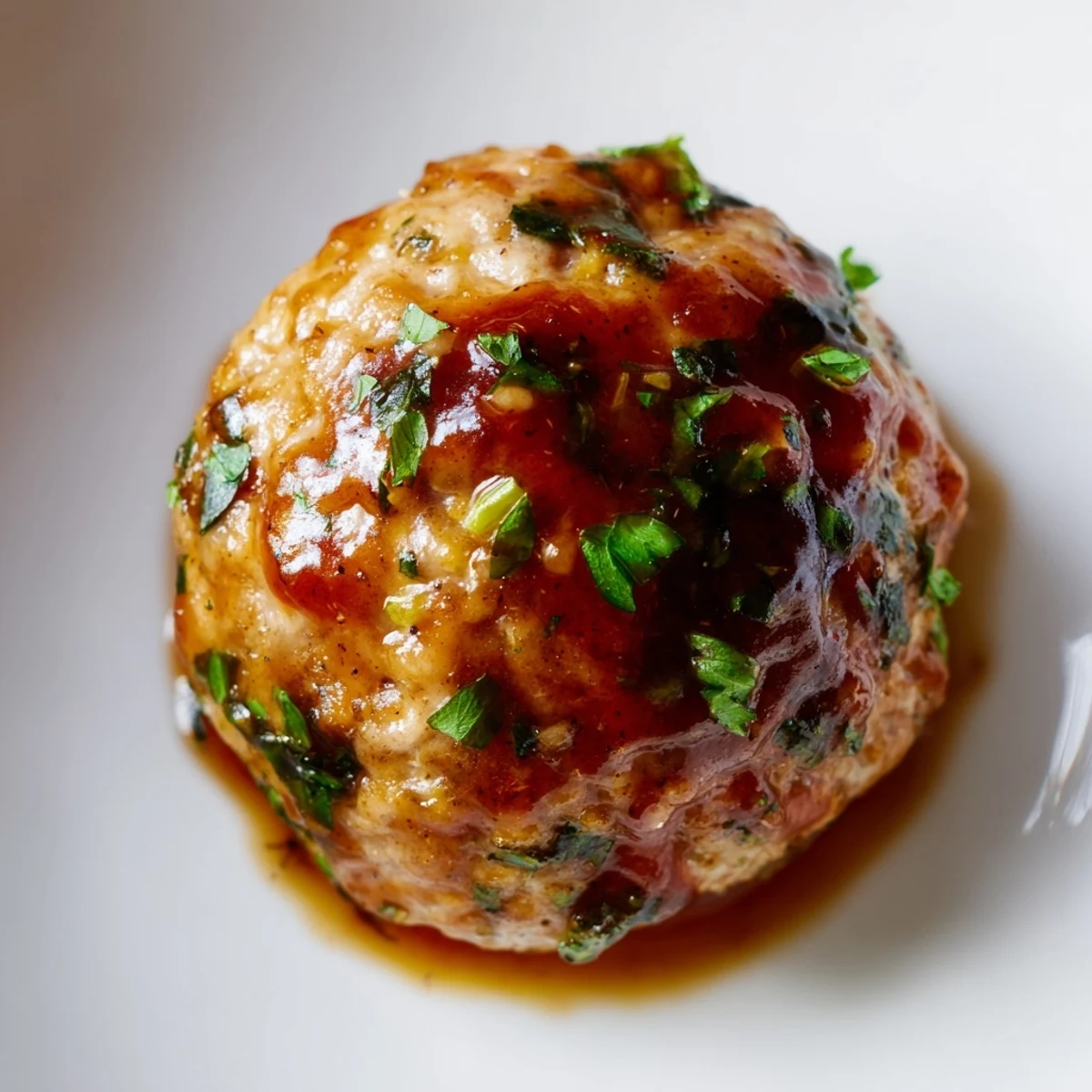Golden-baked turkey appetizer meatballs coated in a sticky tangy-sweet glaze, arranged on a white platter with fresh parsley garnish, perfect for a festive party spread.
