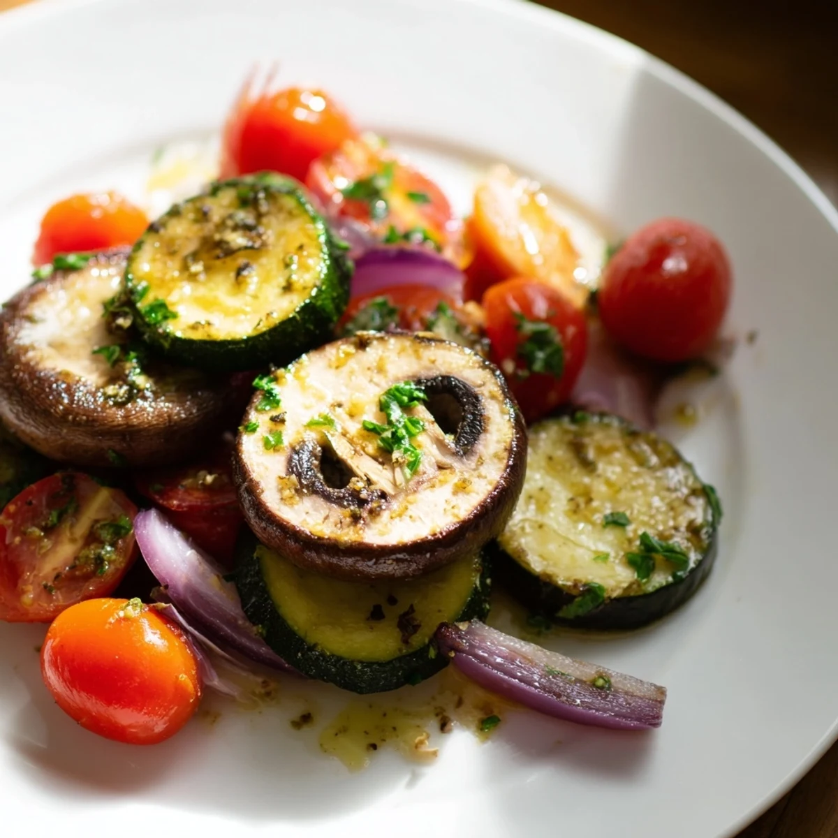 A platter of Roasted Appetizer Veggies featuring vibrant, caramelized bell peppers and onions served warm.