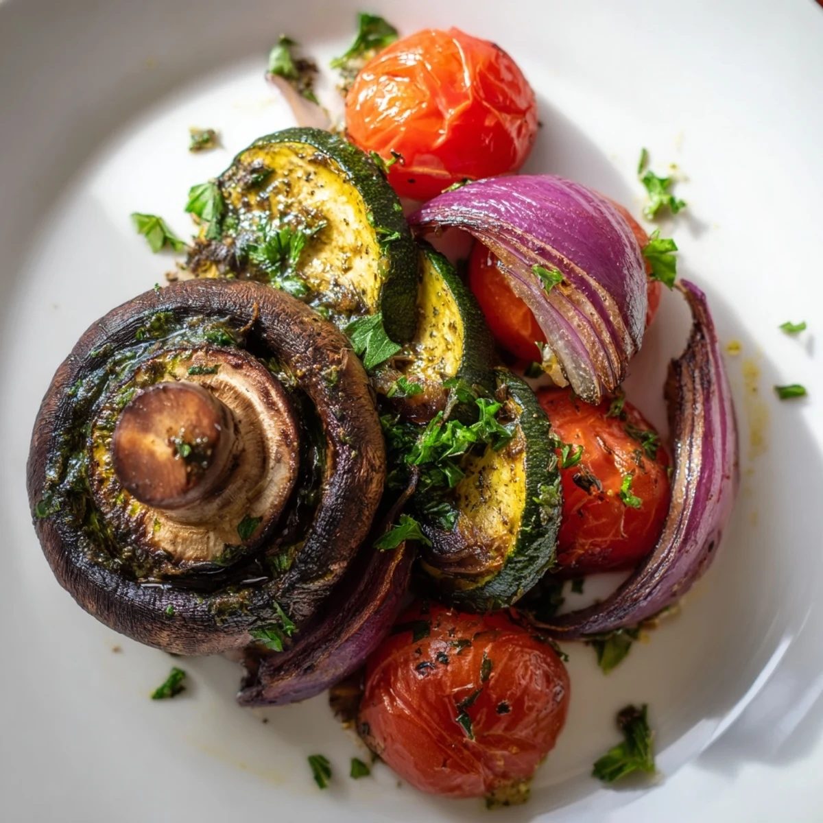 Roasted Appetizer Veggies with glistening cherry tomatoes and zucchini, ready to be dipped in hummus.