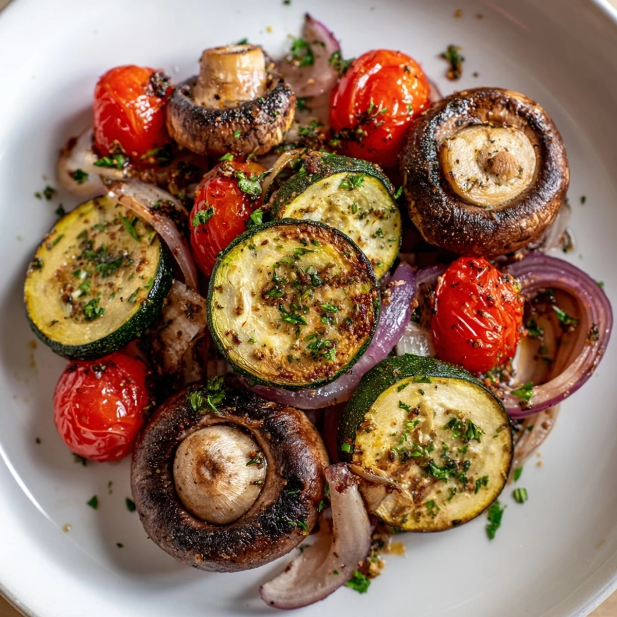 Golden Roasted Appetizer Veggies seasoned with herbs and garlic, perfect for a healthy vegan party spread.
