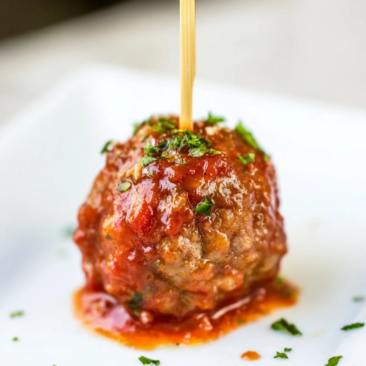 Golden-brown beef appetizer meatballs simmer in a rich tomato sauce with fresh parsley garnish.